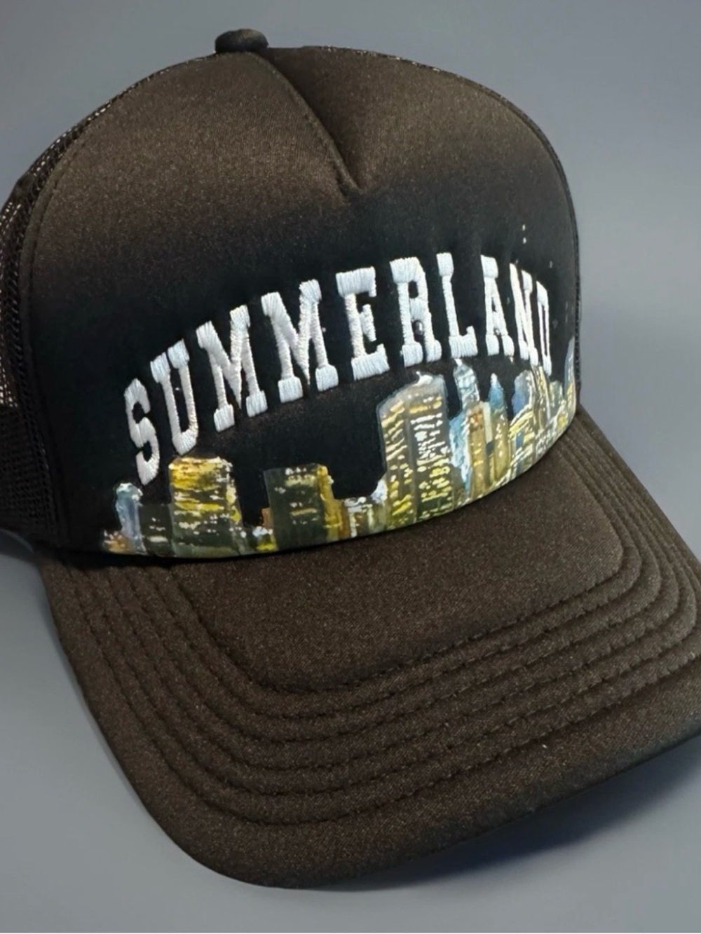 Nahmias Summerland Skyline Snapback Trucker Hat  Black Mesh Cap New York City